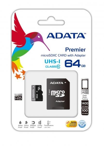 64 GB Speicher Micro SD Karte ADATA + SD Adapter, KLASSE 10